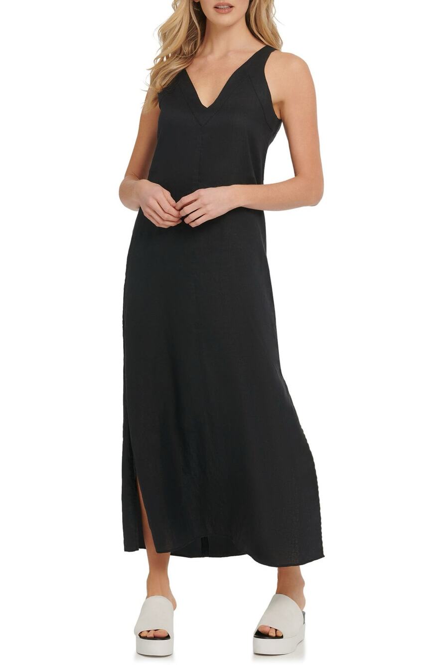 DKNY Boutique Solid V-Neck Sleeveless Maxi Dress Lightweight Side Slit Size S